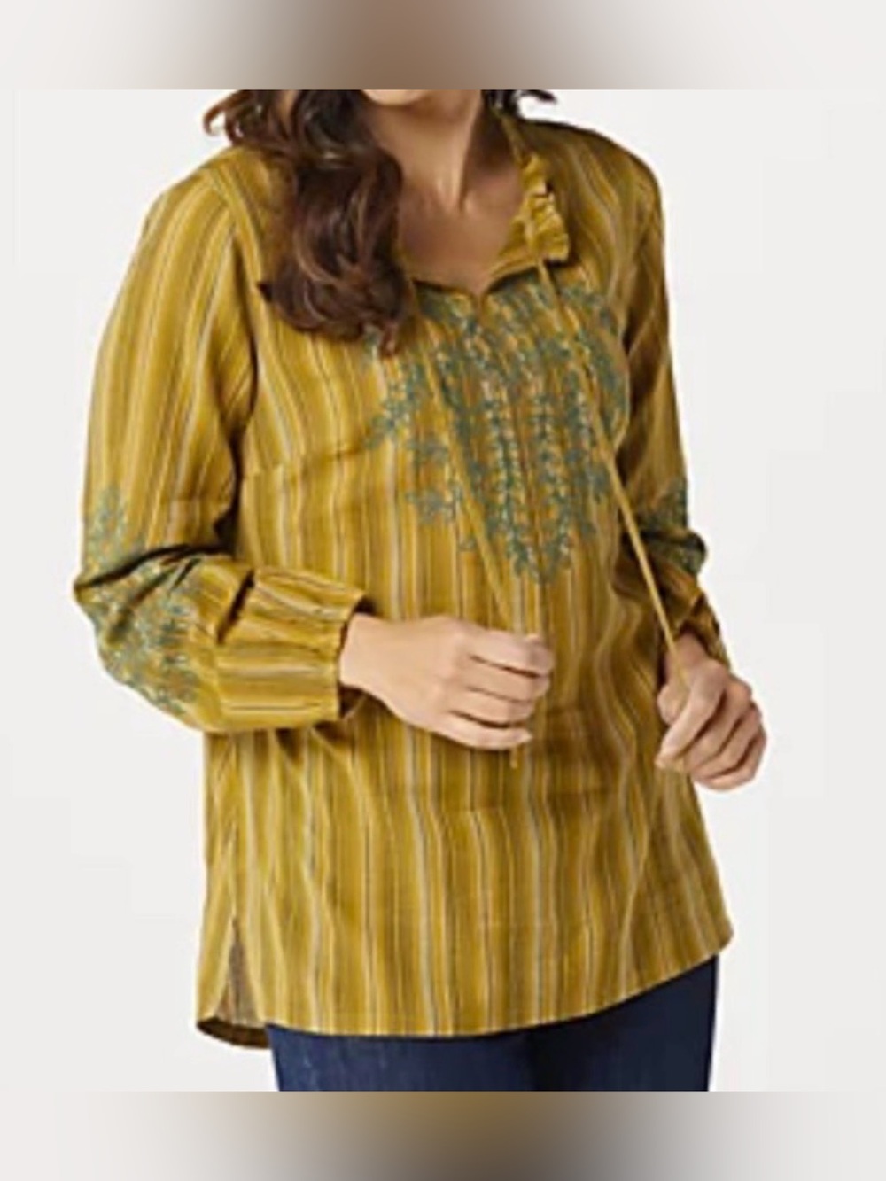 LOGO by Lori Goldstein Mustard Striped Embroidered Peasant Tunic